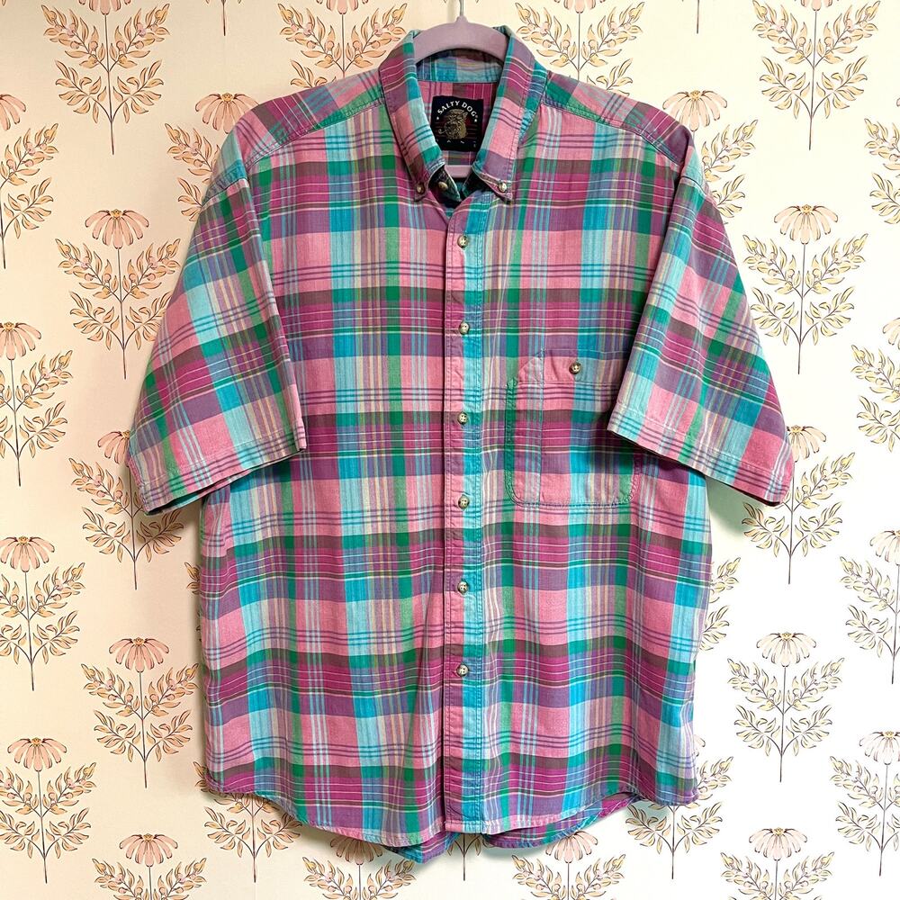 Vintage Men’s Salty Dog Pastel Plaid Short Sleeve Shirt, Yarn Dyed Cotton, Large